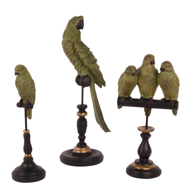 Escultura de loro sobre base - verde - 33 cm