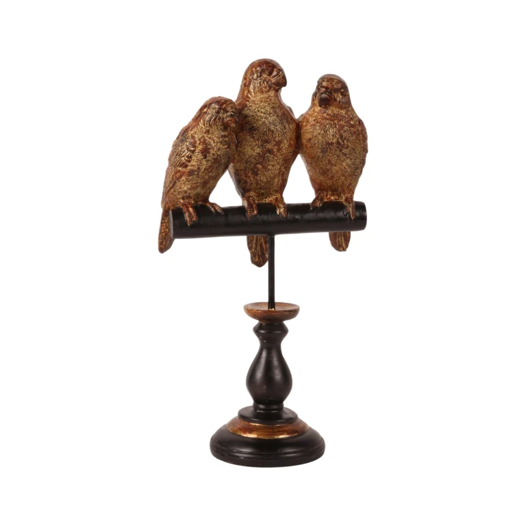 Escultura de loro sobre base - dorado - 33 cm