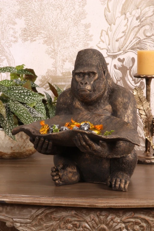 Escultura de gorila con bandeja - dorado - 39 cm