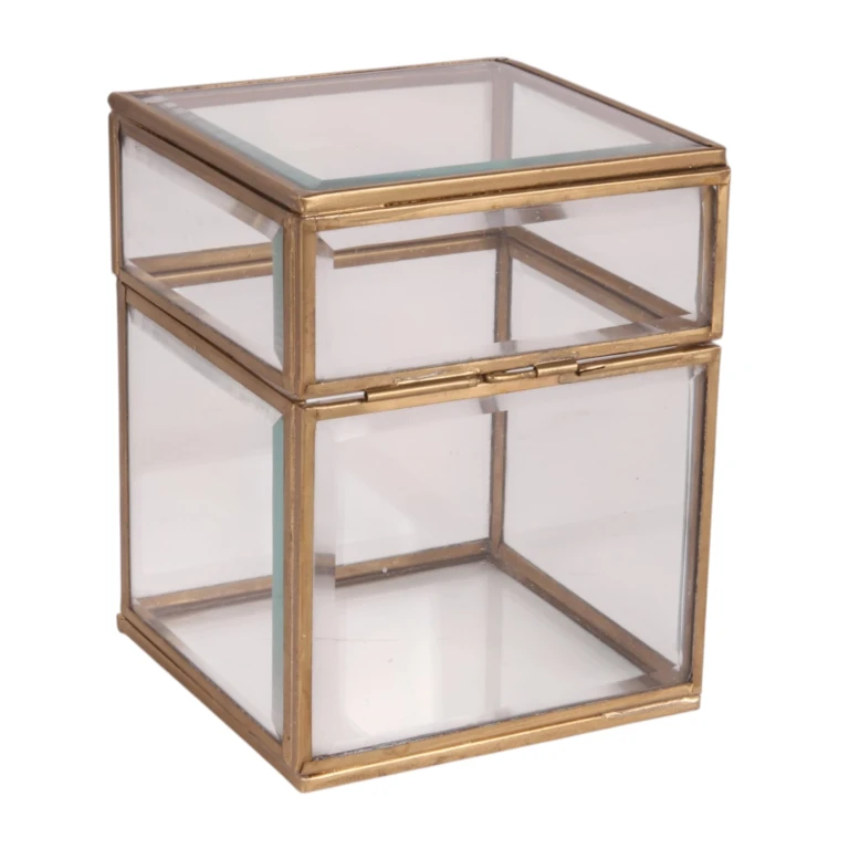 Caja de joyería 10x10x13 cm - dorada - latón y vidrio