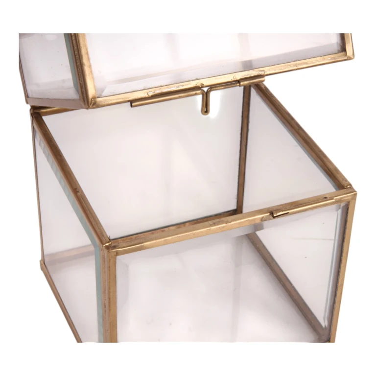 Caja de joyería 10x10x13 cm - dorada - latón y vidrio