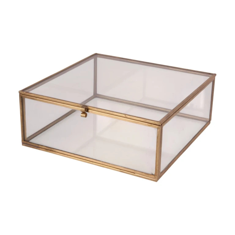 Caja de joyería 20x20x8 cm - dorada - latón y vidrio