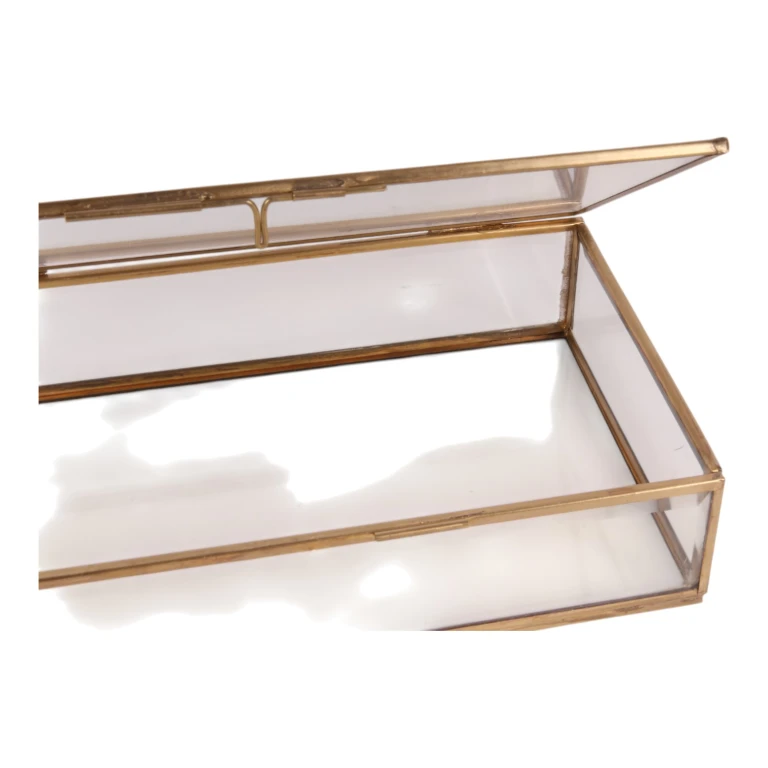 Caja de joyería 20x20x8 cm - dorada - latón y vidrio