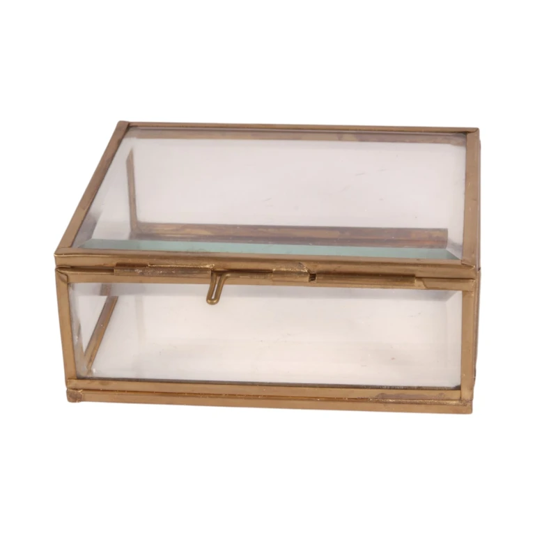 Caja de joyería 11 x 9 x 4,5 cm - dorada - latón y vidrio