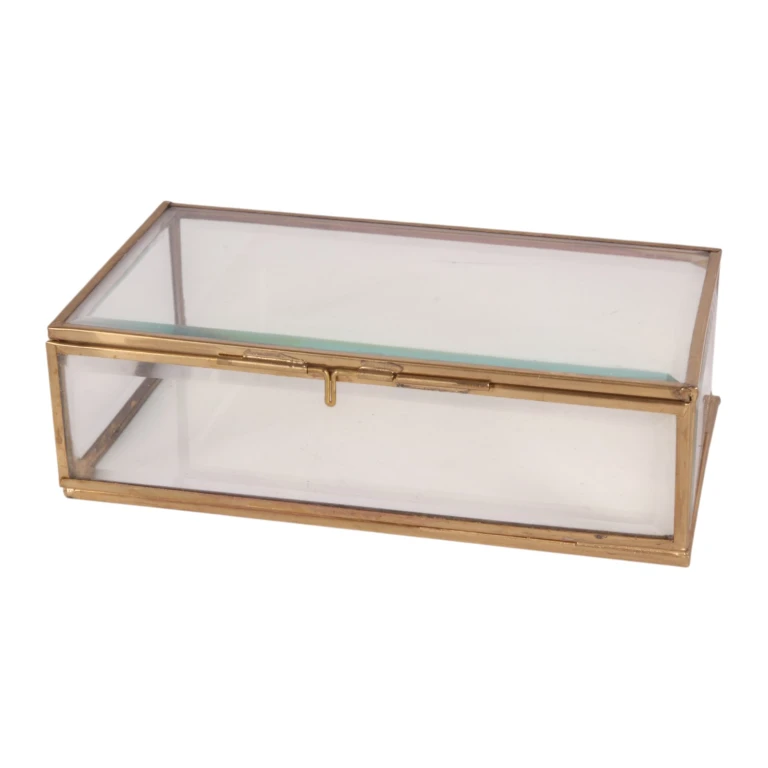 Caja de joyería 17,5 x 10 x 5,5 cm - dorada - latón y vidrio