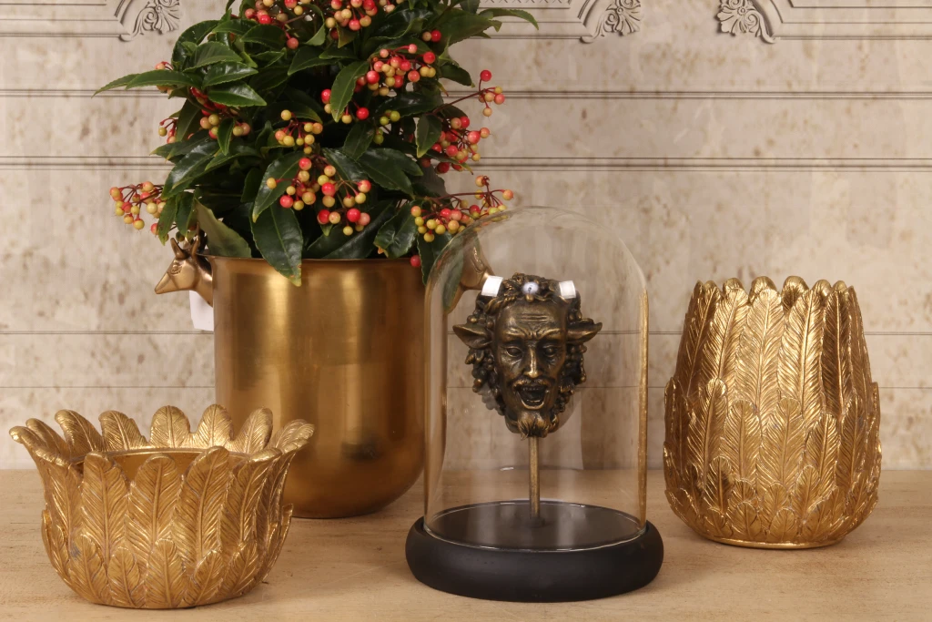 Figura de Baco con cúpula de cristal - dorado - 23 cm - resina artística