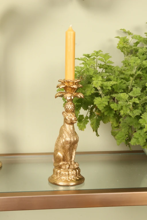Candelabro Leopardo - 23,5 cm - dorado - resina sintética