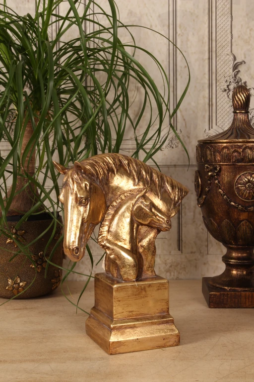 Escultura de cabezas de caballo - dorado - 30 cm