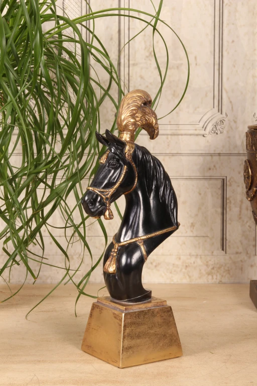 Escultura de cabeza de caballo - negro/oro - 36,5 cm
