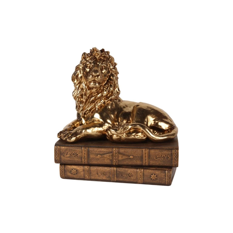 Escultura de león sobre libros - dorado - 21 cm