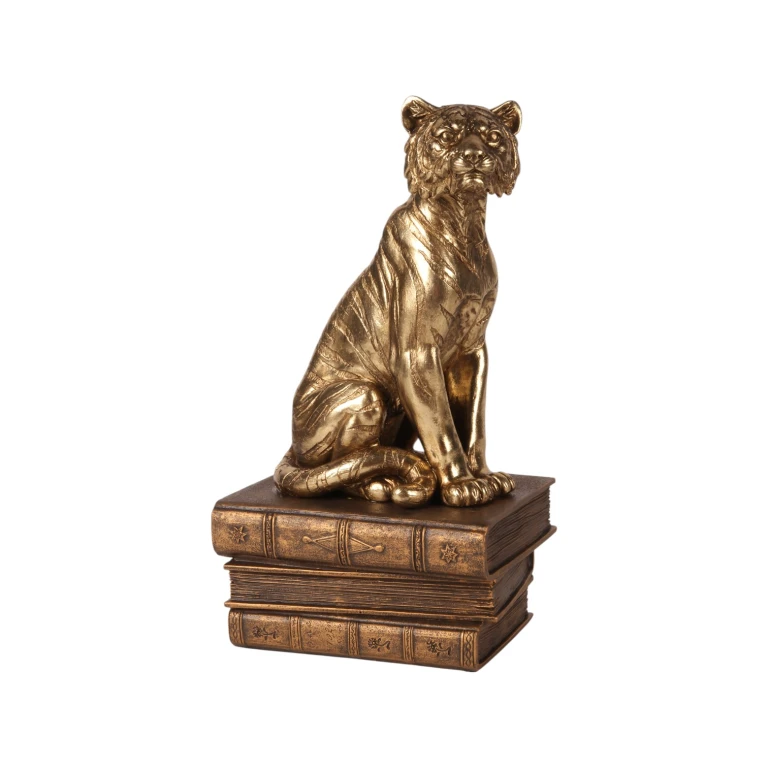 Escultura de tigre sobre libros - dorado - 29 cm