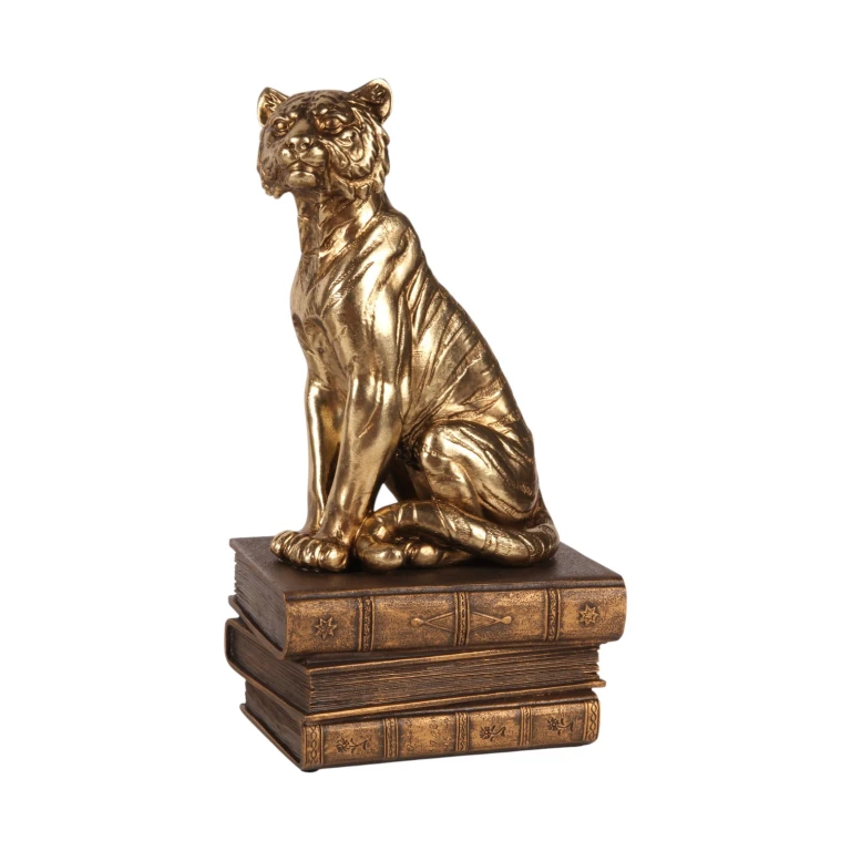 Figura de tigre sobre libros - dorado - 29 cm