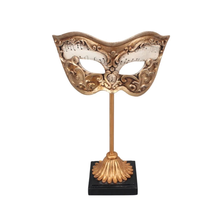 Máscara decorativa sobre base - dorada - 20,5 cm - resina artística