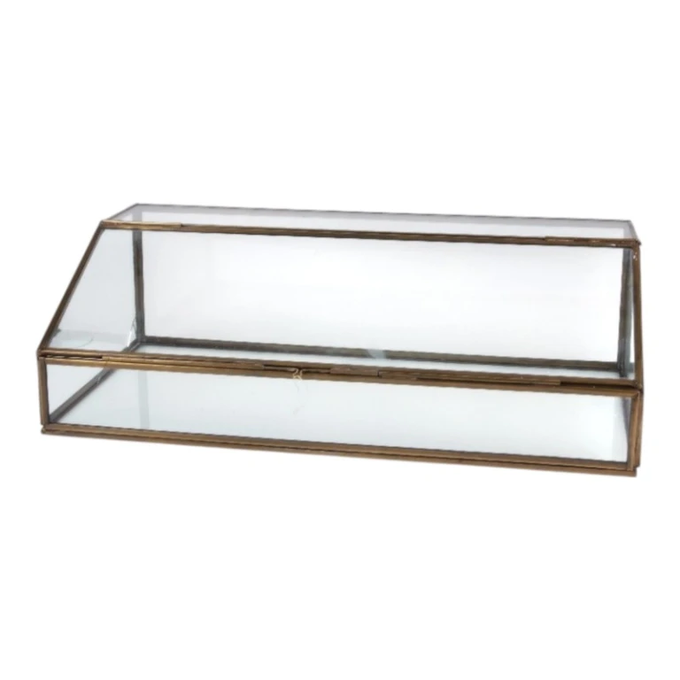 Caja de almacenamiento rectangular - 15 cm - dorada - latón y vidrio