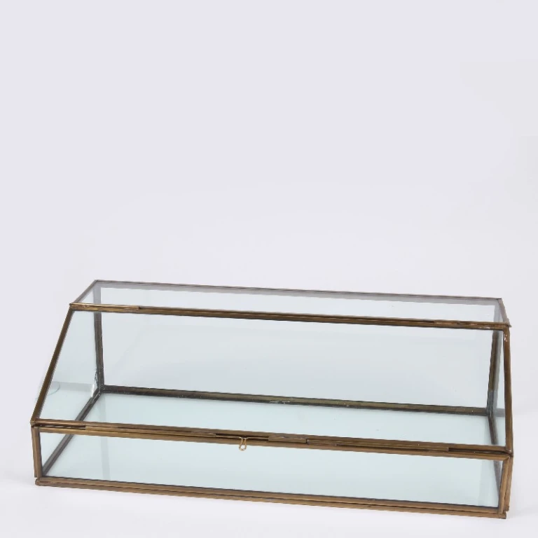 Caja de almacenamiento rectangular - 15 cm - dorada - latón y vidrio