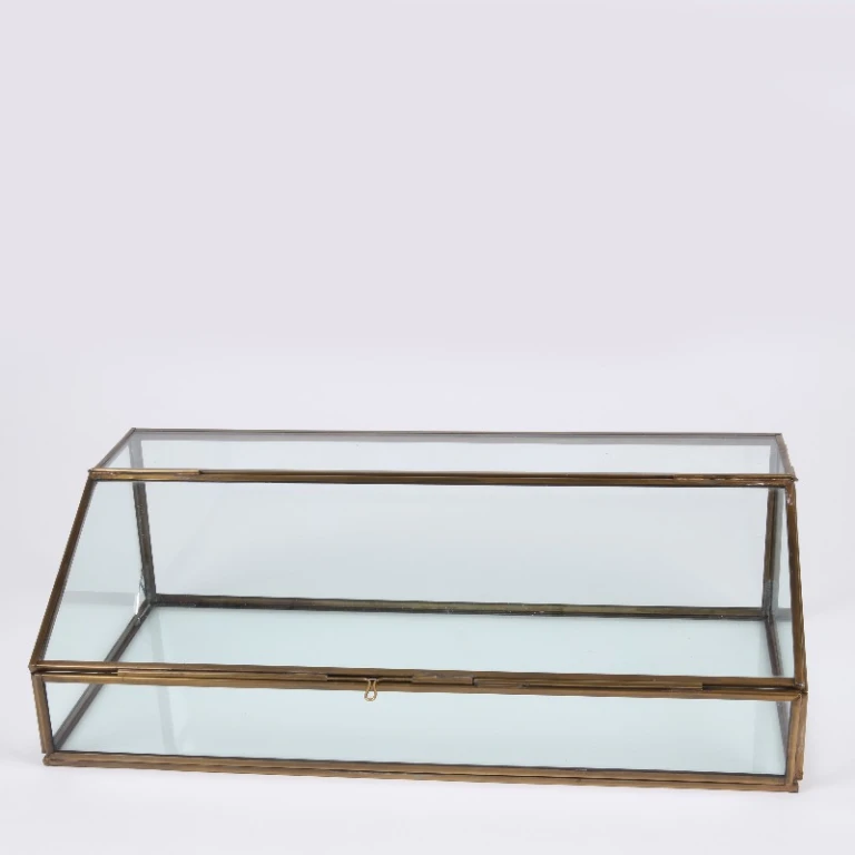 Caja de almacenamiento rectangular - 15 cm - dorada - latón y vidrio