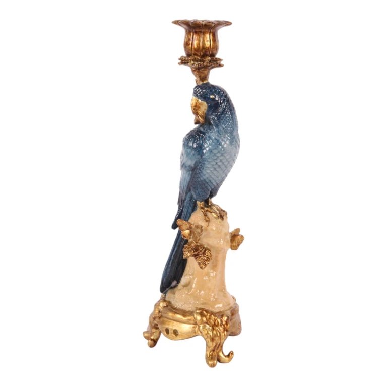 Candelabro Loro - 33 cm - azul - resina sintética