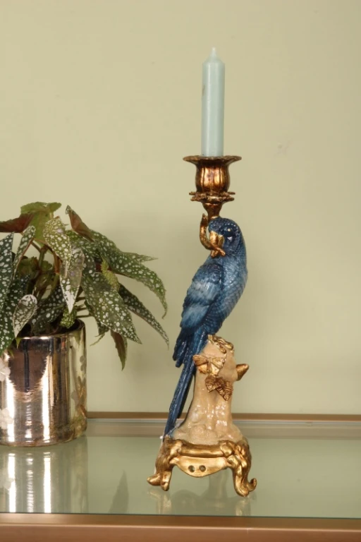 Candelabro Loro - 33 cm - azul - resina sintética