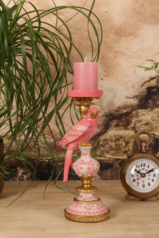 Candelabro Loro - 32,5 cm - rosa - resina sintética