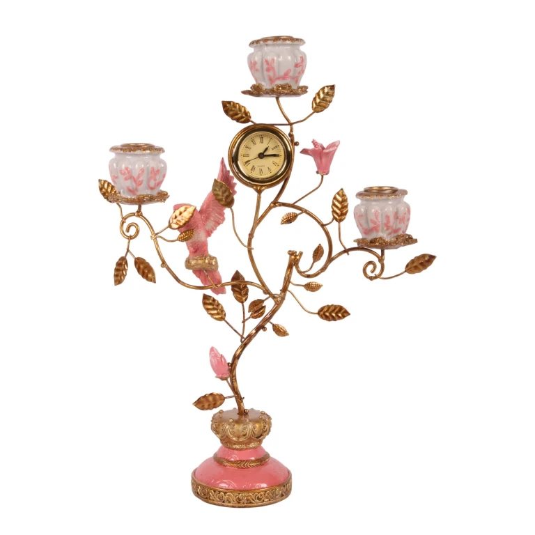 Candelabro Loro con reloj - 32 cm - rosa - resina artística