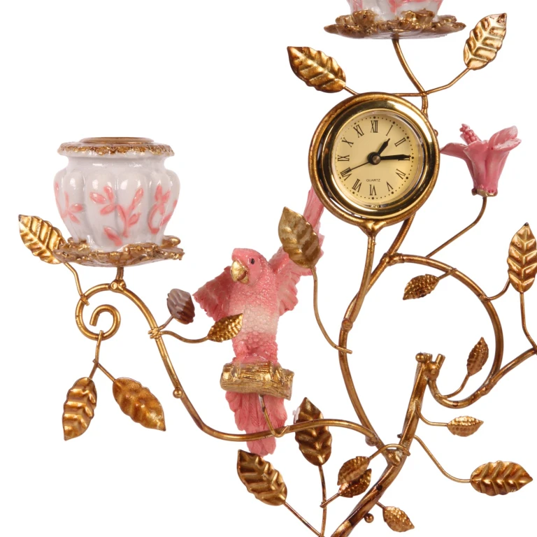 Candelabro Loro con reloj - 32 cm - rosa - resina artística