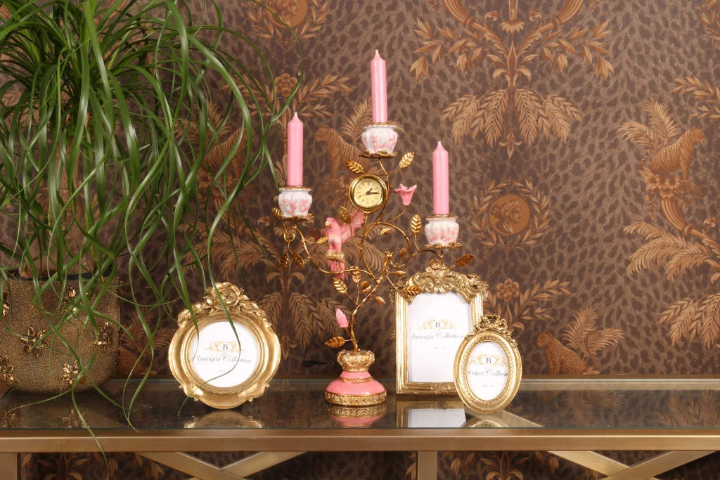 Candelabro Loro con reloj - 32 cm - rosa - resina artística