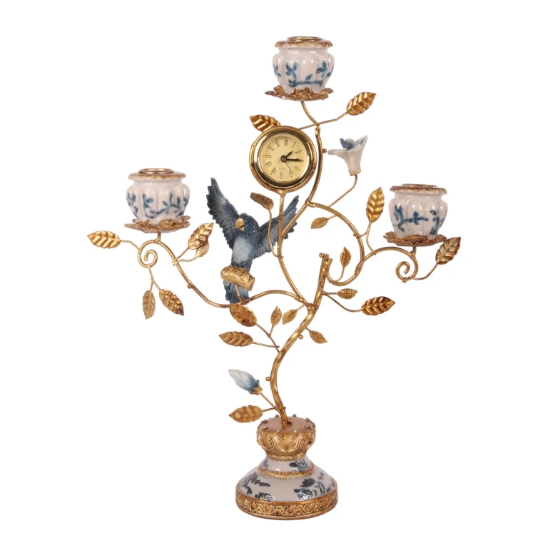 Candelabro Loro con reloj - 32 cm - azul - resina artística