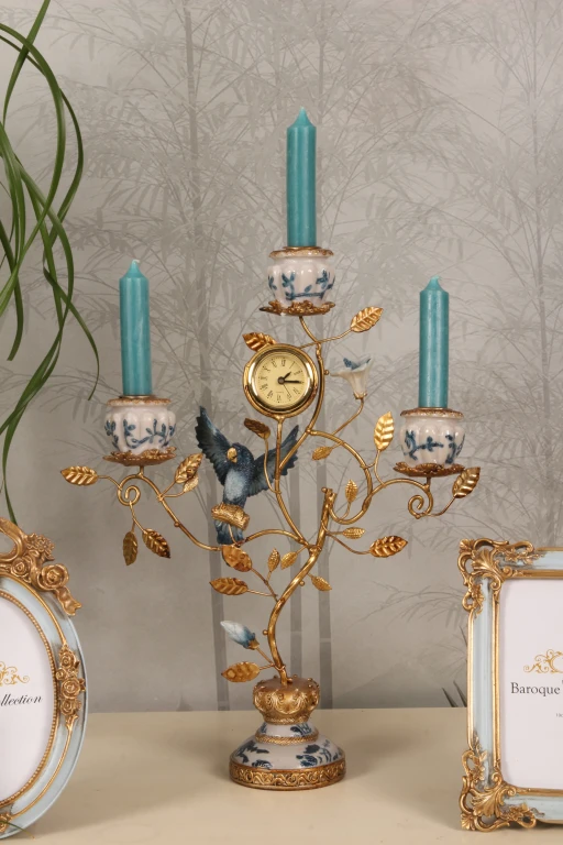 Candelabro Loro con reloj - 32 cm - azul - resina artística