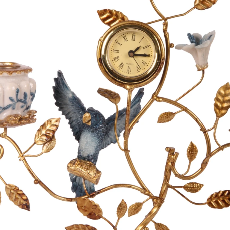 Candelabro Loro con reloj - 32 cm - azul - resina artística