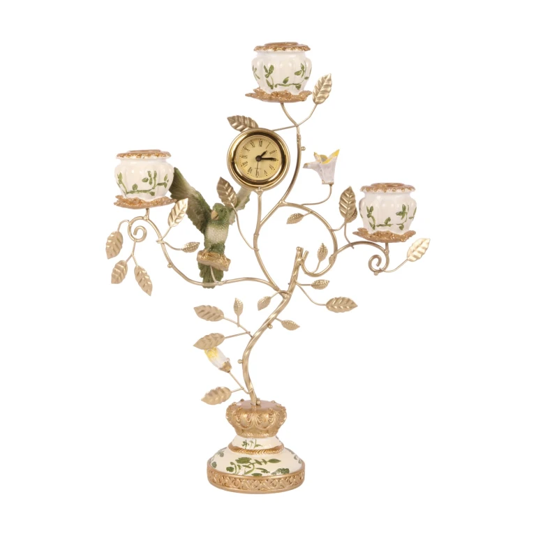 Candelabro Loro con reloj - 32 cm - verde - resina artística