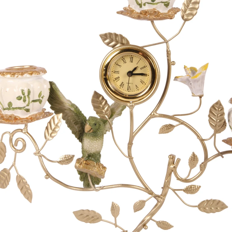 Candelabro Loro con reloj - 32 cm - verde - resina artística