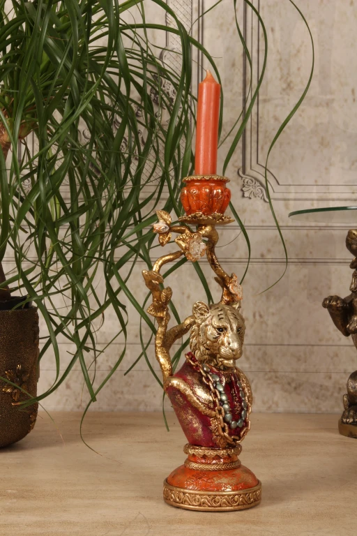 Candelabro León - 31 cm - dorado - resina artística