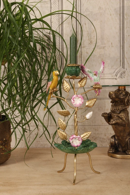 Candelabro Pájaros - 38,5 cm - verde - resina sintética