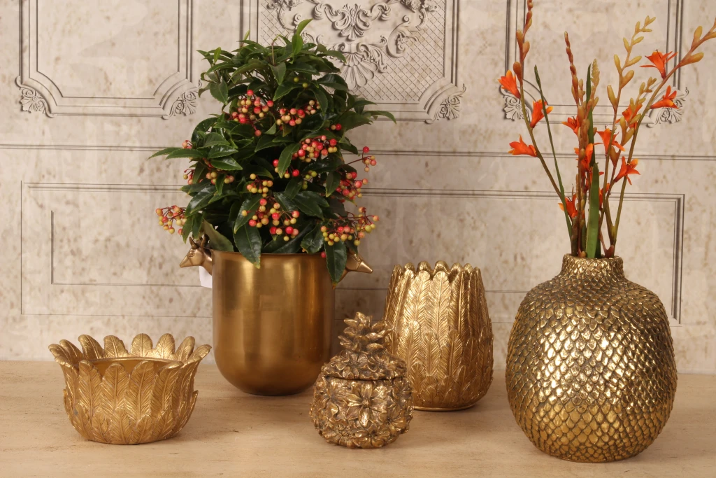 Caja de almacenamiento flores - 12,5 cm - dorado - resina