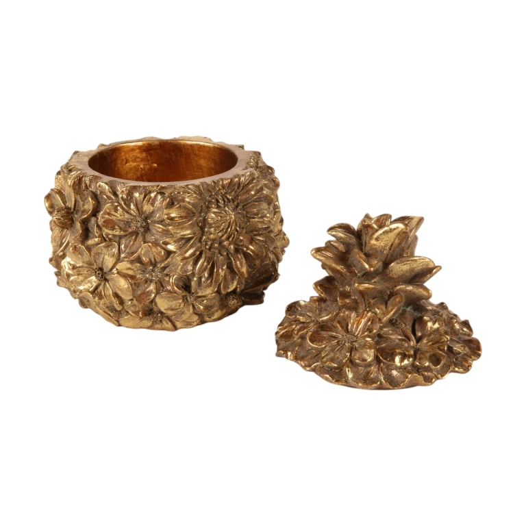 Caja de almacenamiento flores - 12,5 cm - dorado - resina