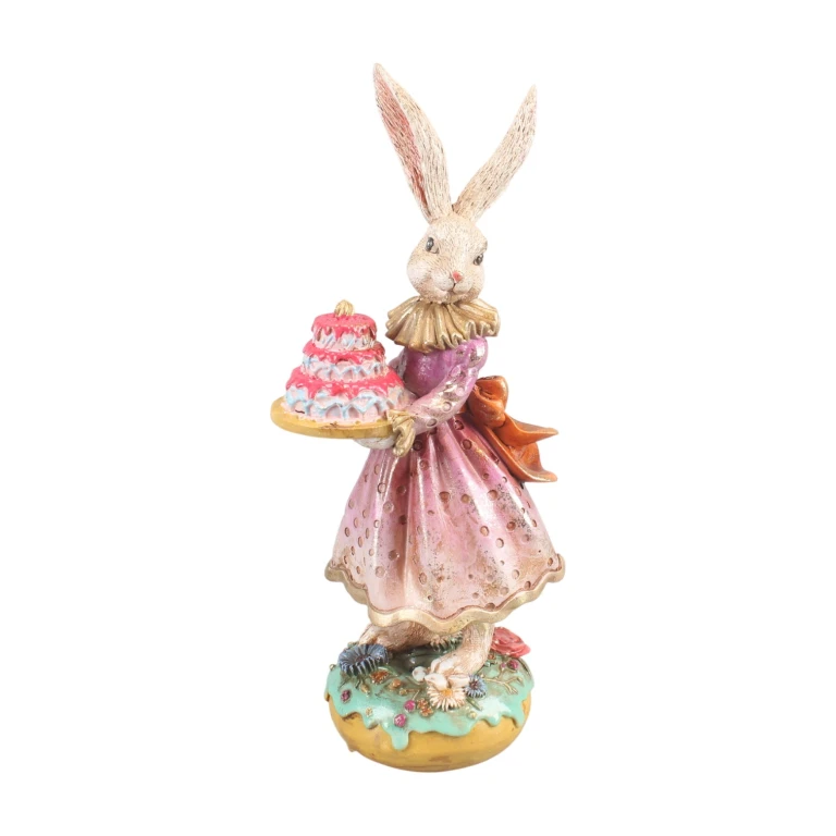 Figurita de conejo con pastel - rosa - 28,5 cm