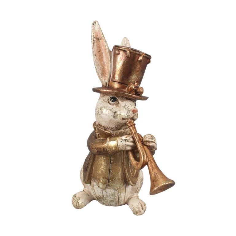 Figurita de conejo con trompeta - dorado - 17 cm