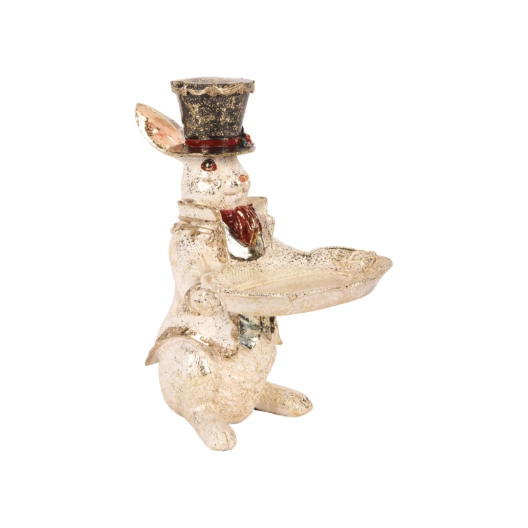 Escultura de conejo con plato - blanco - 23 cm