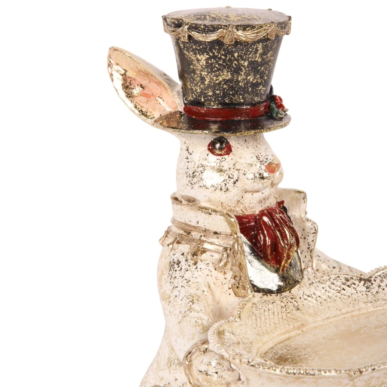 Escultura de conejo con plato - blanco - 23 cm