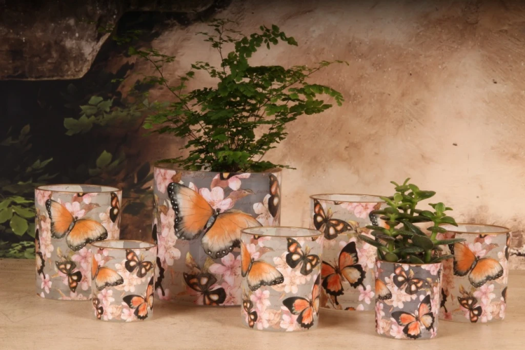 Porta velas con mariposas - rosa - vidrio - 15 cm