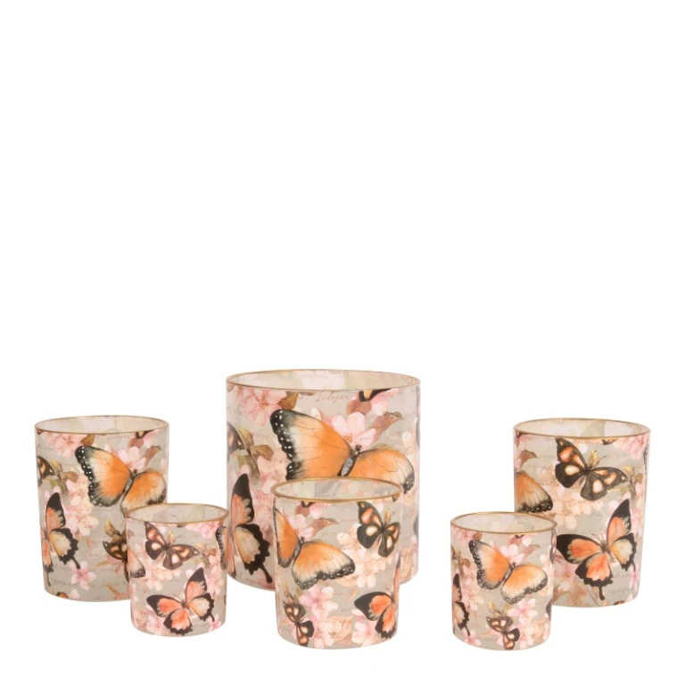 Porta velas con mariposas - rosa - vidrio - 15 cm