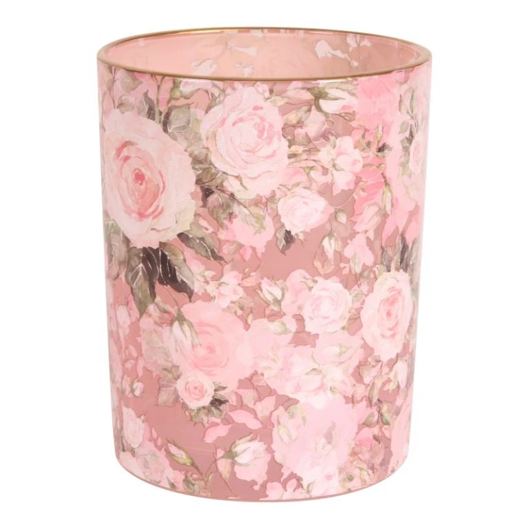 Portavelas con estampado de flores - rosa - vidrio - 12,5 cm