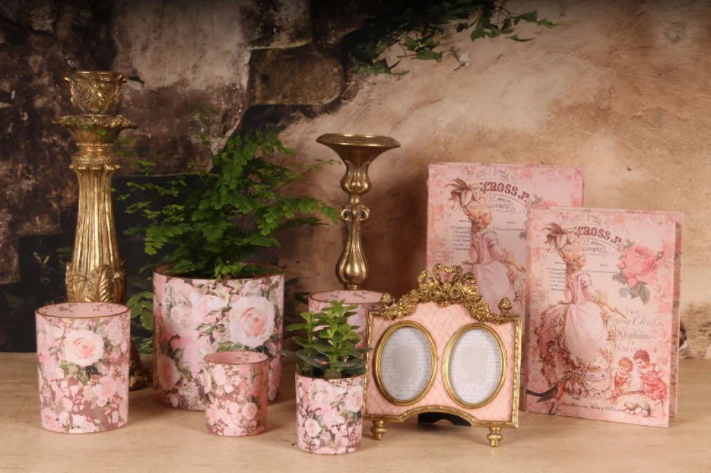 Portavelas con estampado de flores - rosa - vidrio - 12,5 cm