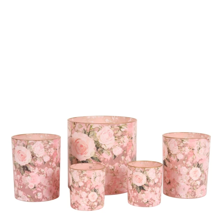Portavelas con estampado de flores - rosa - vidrio - 12,5 cm