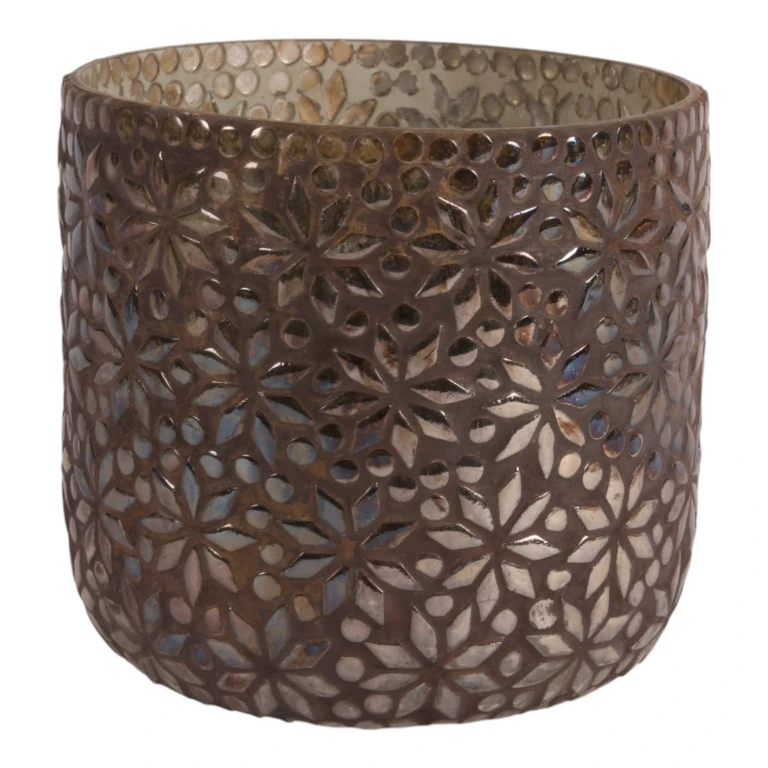 Portavelas de mosaico de flores - marrón - vidrio - 17 cm