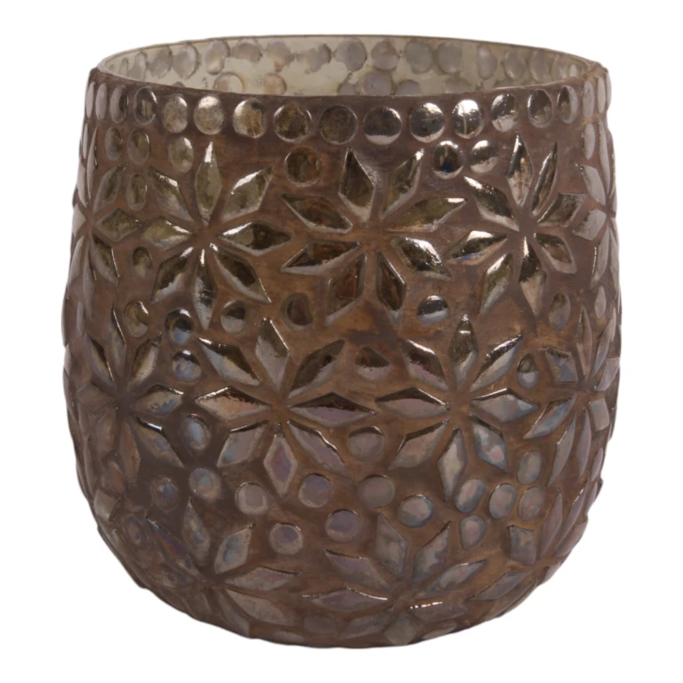 Portavelas de mosaico floral - marrón - vidrio - 12 cm
