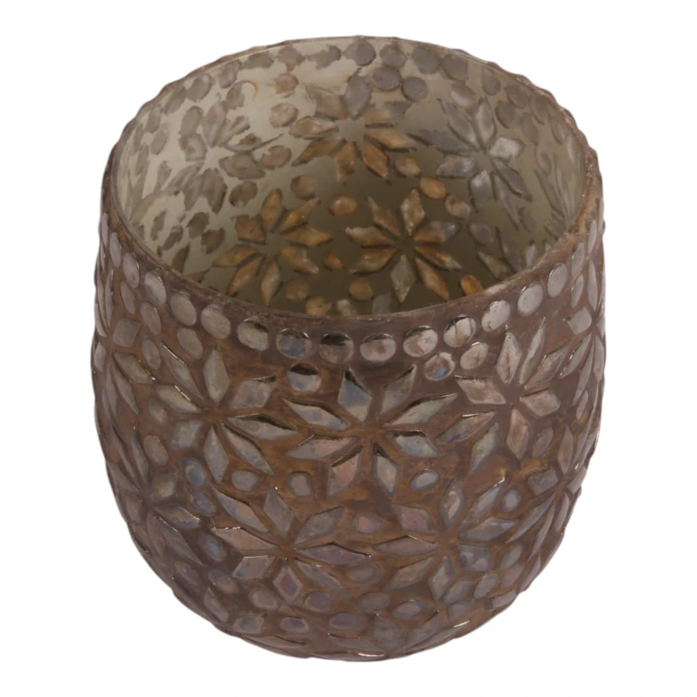 Portavelas de mosaico floral - marrón - vidrio - 12 cm