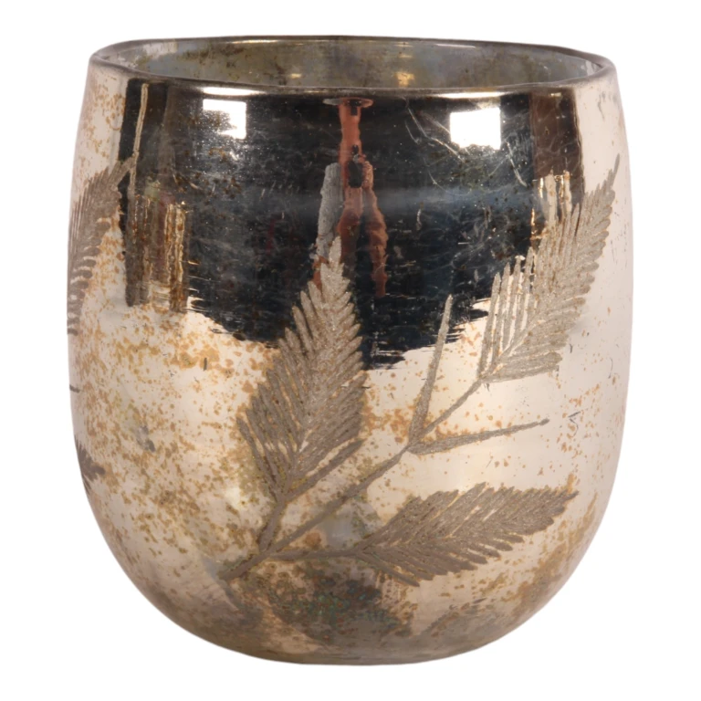 Portavelas de hojas - 16 cm - dorado - vidrio