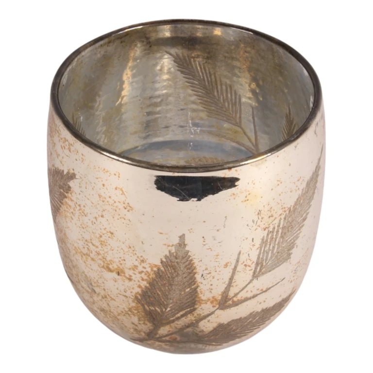 Portavelas de hojas - 16 cm - dorado - vidrio