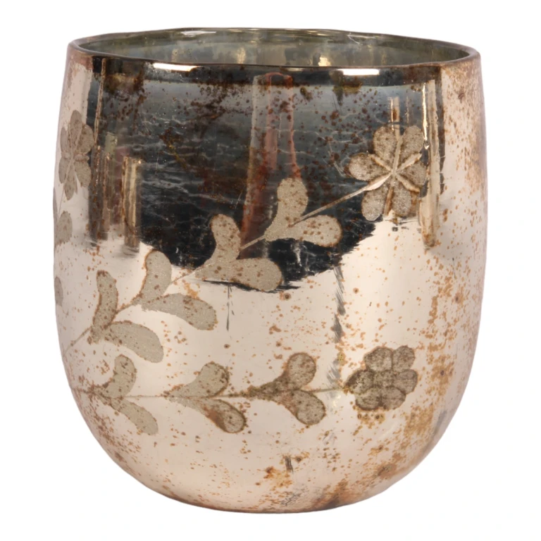 Portavelas de flores - dorado - vidrio - 16 cm